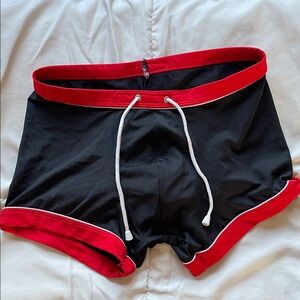 Men's Black Swim Trunks with Red Trim and Drawstring